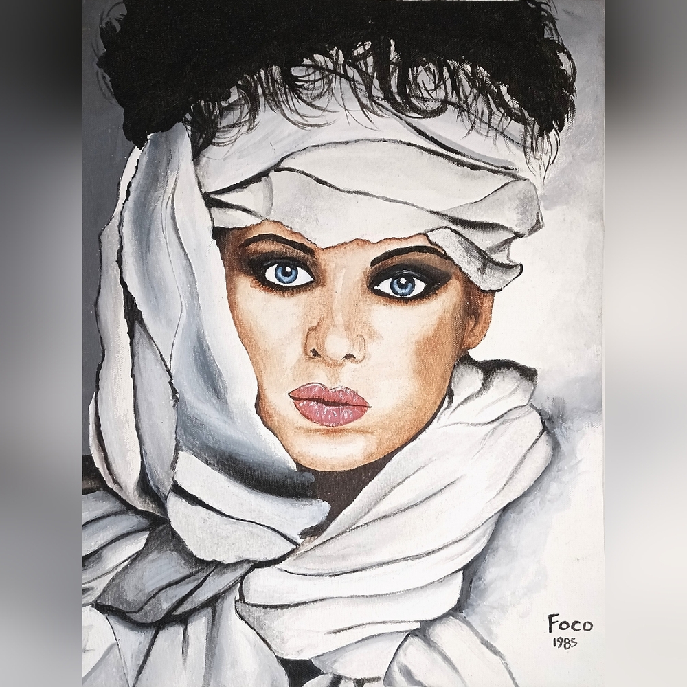 Original Painting Signed Vintage 1985 Blue Eyed Woman In Turban